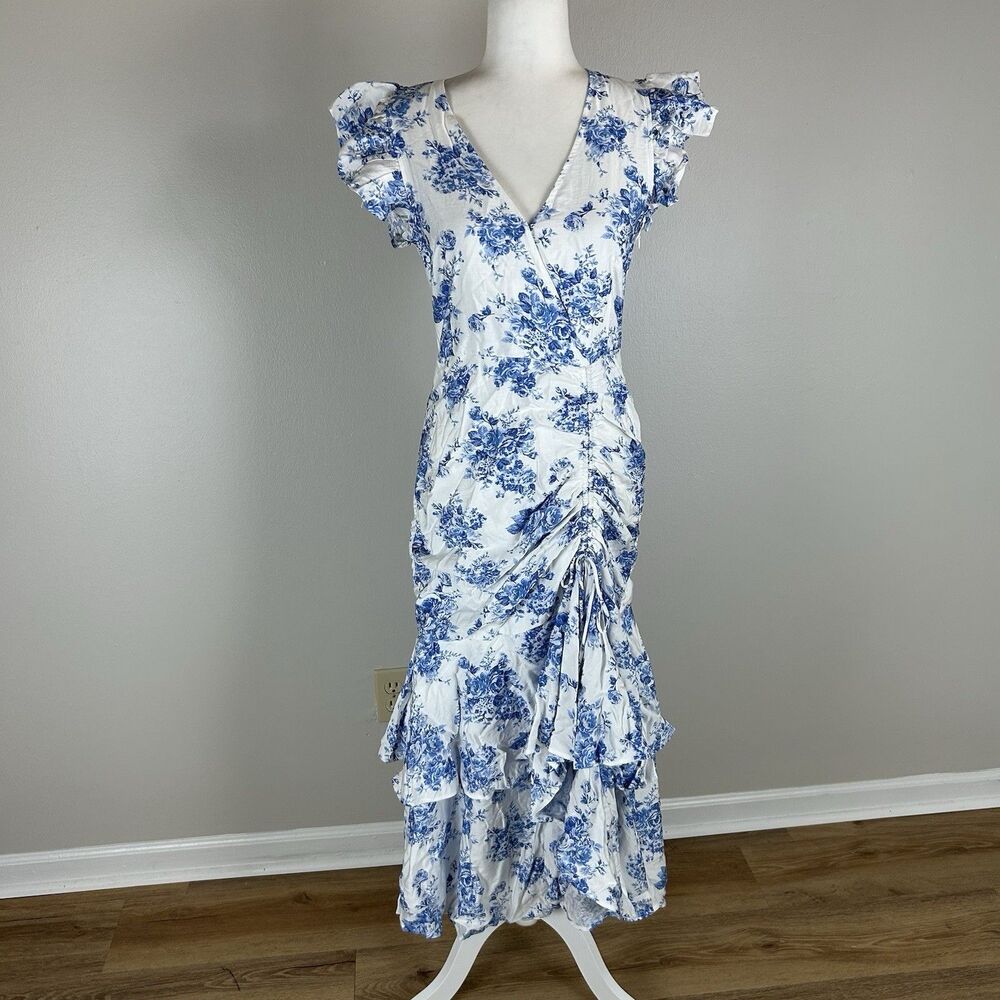 vici L Floral Blue White Maxi Dress Ruffle Ruched A-line Tiered Event Party Boho - Picture 1 of 7